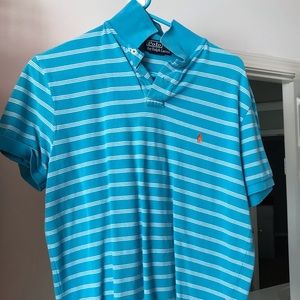 Teal and White Striped Mesh Polo by Ralph Lauren